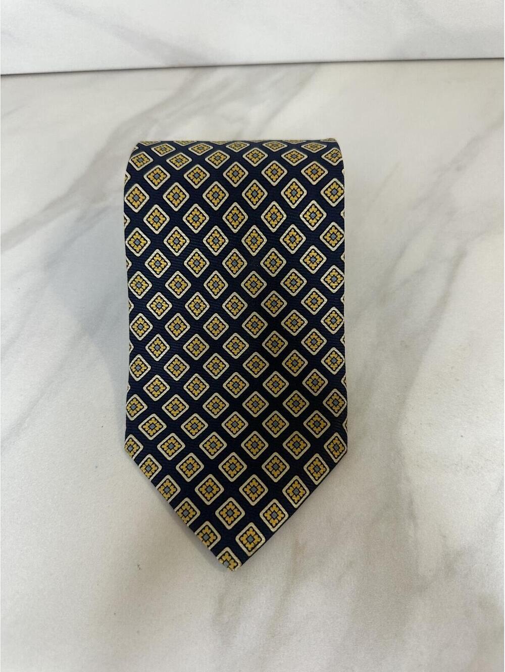Faconnable 100% silk tie navy/gold micro geometric medallion classic preppy